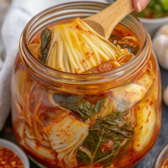 Traditional Korean Kimchi in a Glass Jar