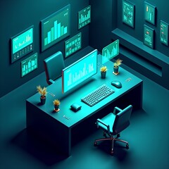 Modern Workplace Setup Teal Office Desk with Computer Charts and Plants