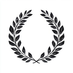 Obraz premium Black and white illustration of a laurel wreath. The wreath is circular with detailed leaves. Simple, elegant design on white background.
