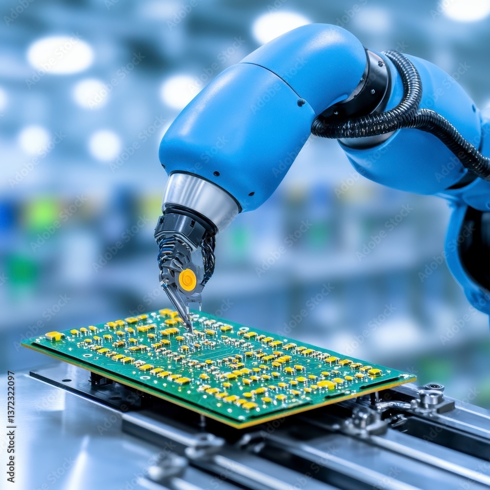 Poster a blue robotic arm precisely places a component onto a green circuit board in a modern factory setti
