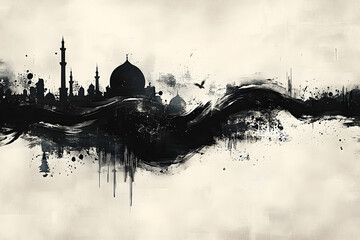 An artistic painting depicting the silhouette of a cityscape at dawn
