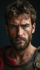 Fototapeta premium Intense Roman soldier with a beard in armor reflecting on Jesus' crucifixion.