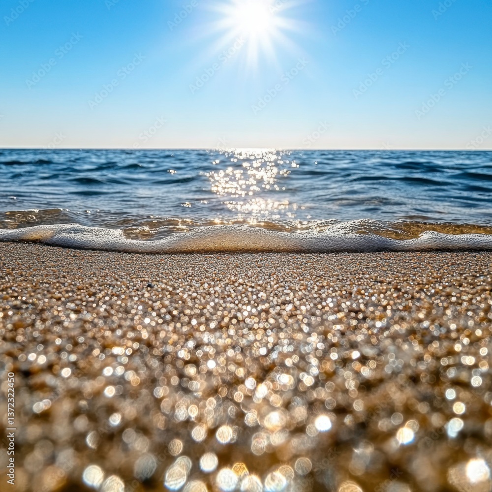 Poster close up view of a sandy beach with small waves gently lapping the shore under a bright sunny sky. t