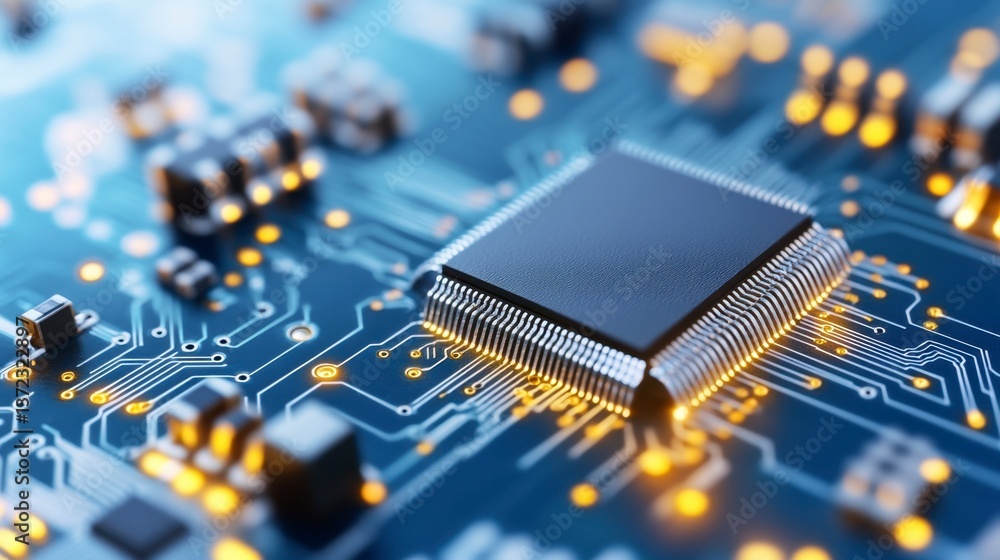 Poster close up view of a central processing unit (cpu) chip on a circuit board, illuminated with warm, gol