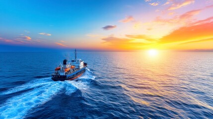 Naklejka premium A dark blue cargo ship sails on a calm ocean at sunset. The sun is setting in a vibrant orange and yellow sky with colorful clouds. The wake of the ship is visible in the water.