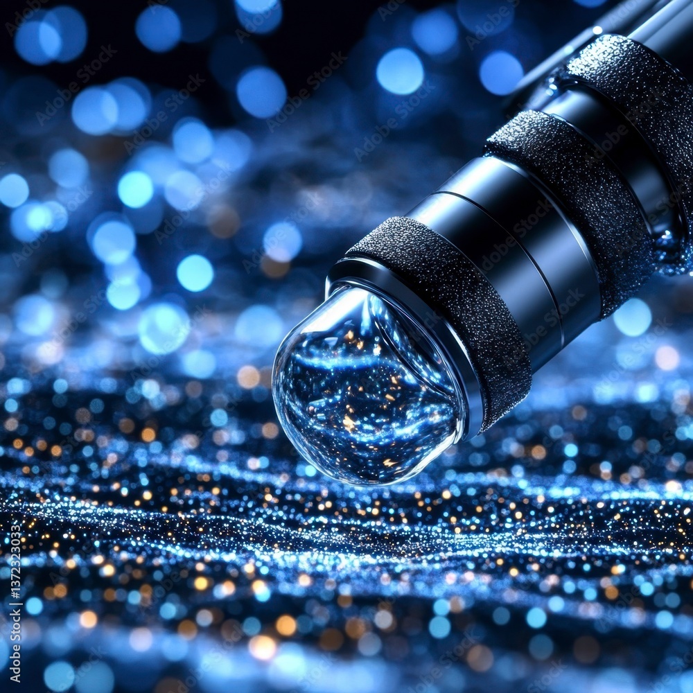 Poster close up of a metallic, cylindrical object with a crystal like orb at its tip, resting on a shimmeri