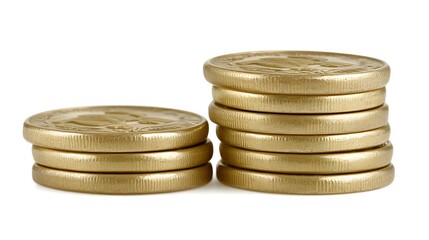 Two stacks of golden coins arranged against a white background