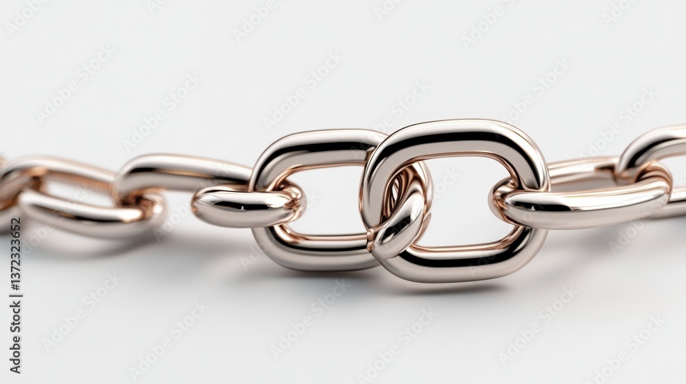 Poster close up of a metallic chain with interconnected links against a bright background. the chain is smo