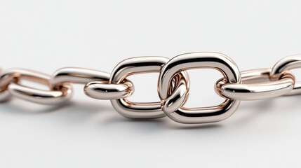 Close up of a metallic chain with interconnected links against a bright background. The chain is smooth and reflective, showing subtle highlights and shadows.