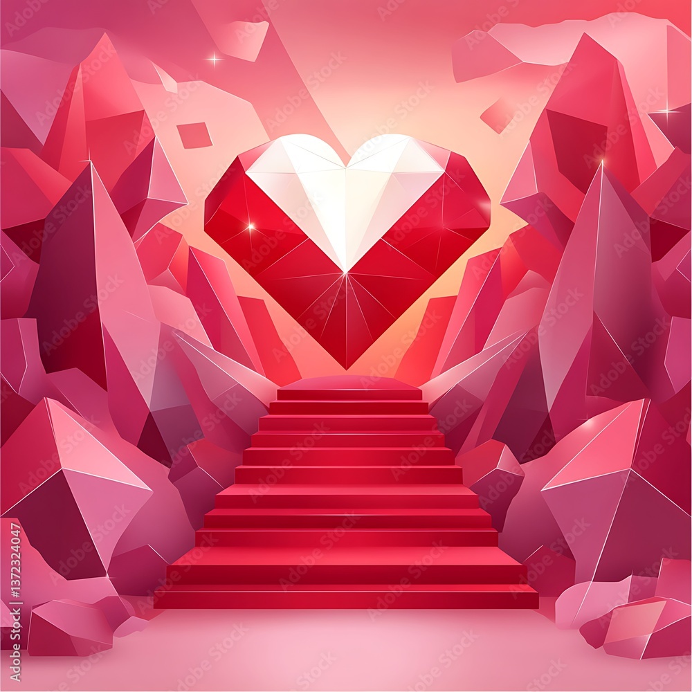 Poster an artistic representation features a large heart amidst geometric structures