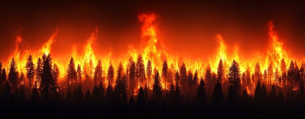 Naklejka premium A dramatic wildfire engulfing a dense forest, highlighting the impact of climate change on natural landscapes.
