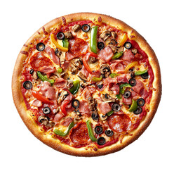 Supreme pizza with meats, vegetables, and olives, isolated on transparent background