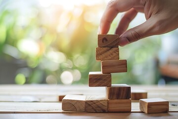Building a Tower with Wooden Blocks in Natural Light Setting