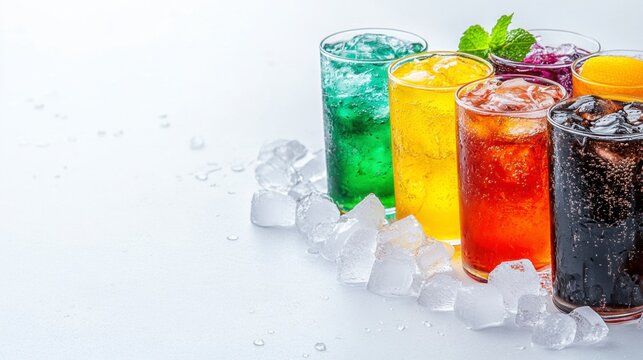 Assortment of colorful carbonated drinks in glasses on ice, bright lighting, white background. Refreshing summer beverages.