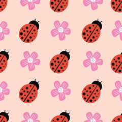 Fototapeta premium Ladybug and flower cute spring seamless pattern design