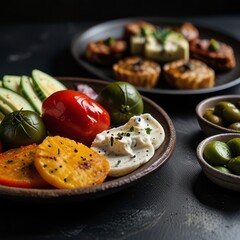 A black ceramic plate colorful diverse.