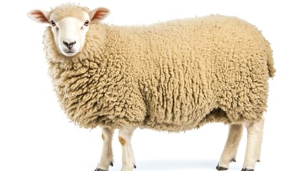 Fototapeta premium A solitary sheep is facing the camera on a white background