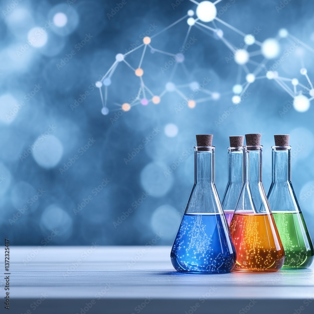 Poster four erlenmeyer flasks containing colorful liquids sit on a white wooden surface against a bokeh bac