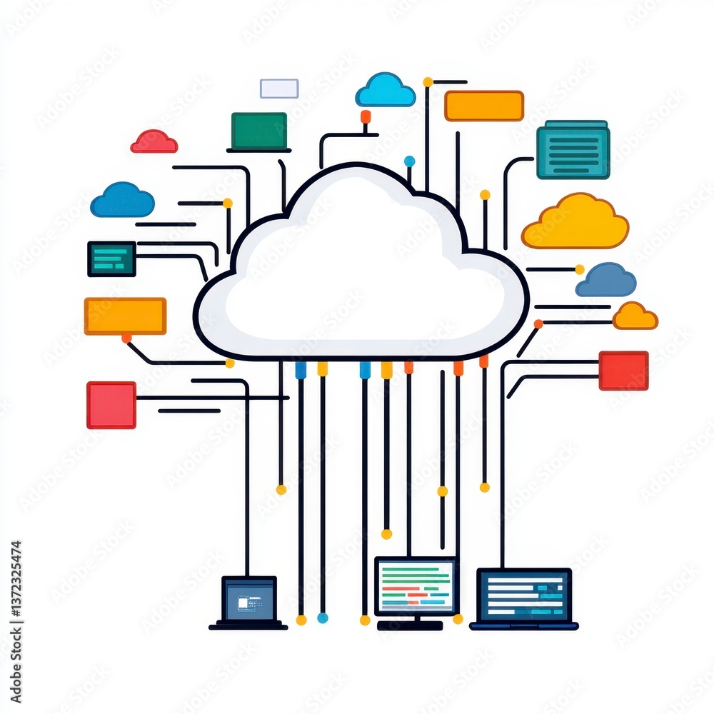 Poster pixel art illustration depicting cloud computing, showcasing a central white cloud connected to vari