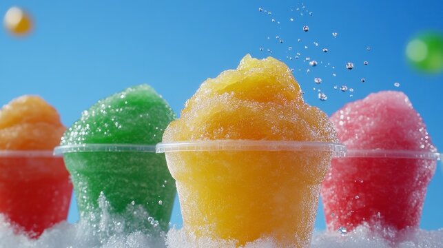 Four vibrant snow cones in various colors sit on a bed of ice against a bright blue sky. Water droplets are splashing, adding a dynamic feel.