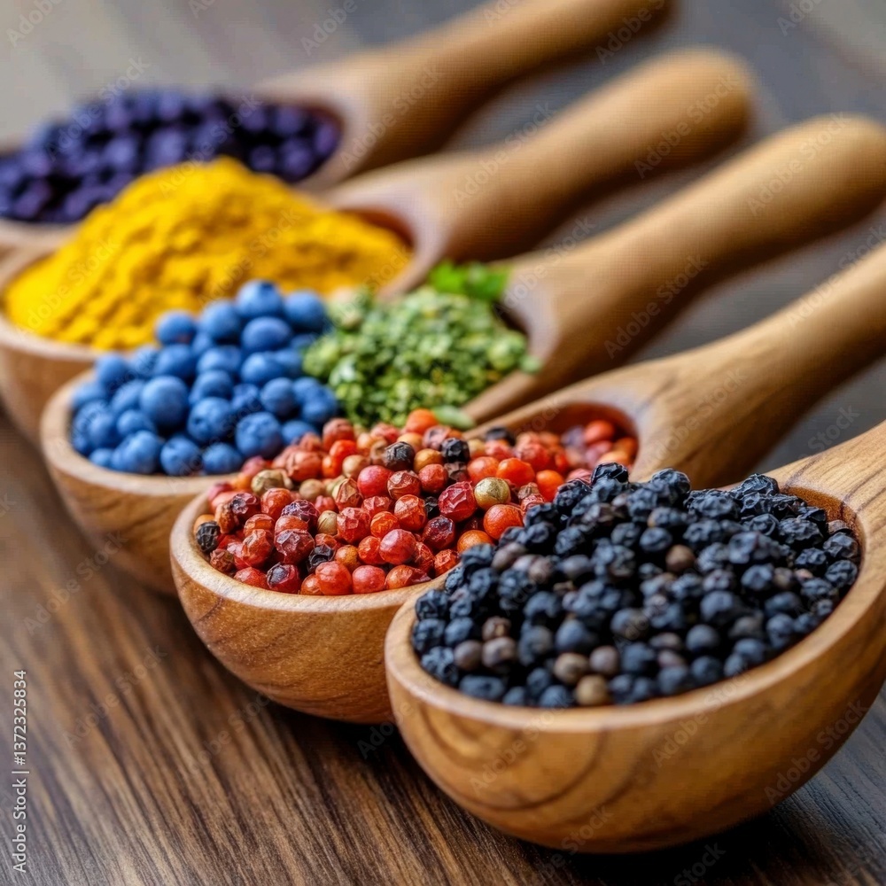 Poster wooden spoons filled with colorful spices on a dark wooden surface. close up view showcasing texture