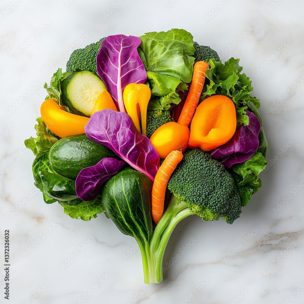 Poster vibrant array of fresh vegetables arranged in a brain shape on a marble background. the colorful mix