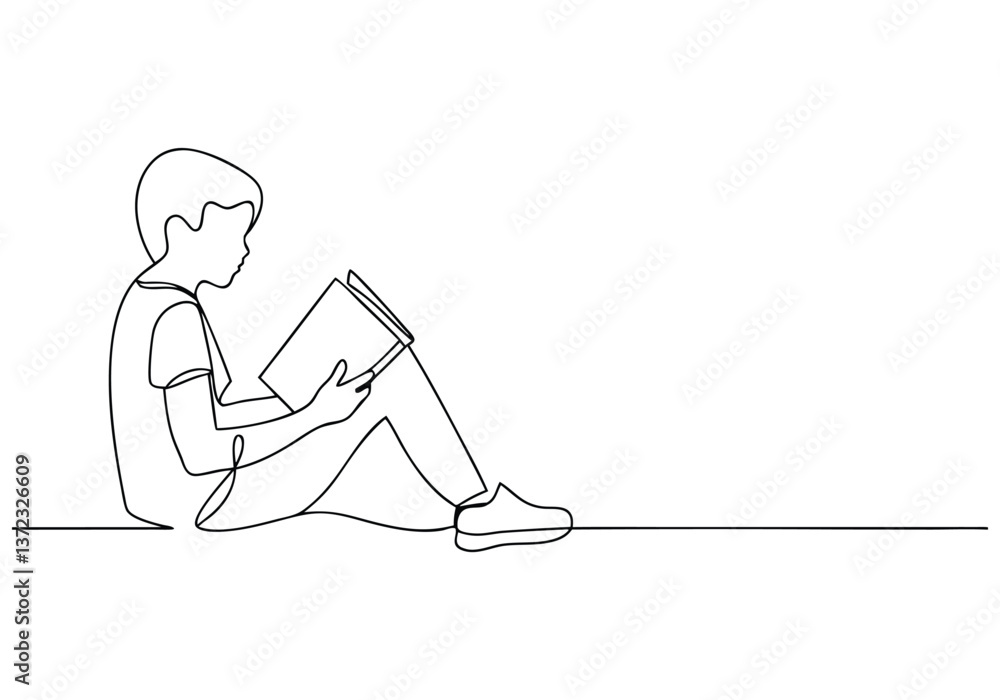 Poster continuous line drawing of a boy sitting on the floor reading a book in a minimalist one-line art st