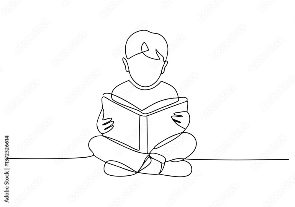 Poster continuous line drawing of a boy sitting on the floor reading a book in a minimalist one-line art st