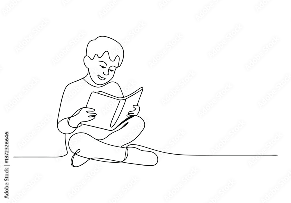 Poster continuous line drawing of a boy sitting on the floor reading a book in a minimalist one-line art st