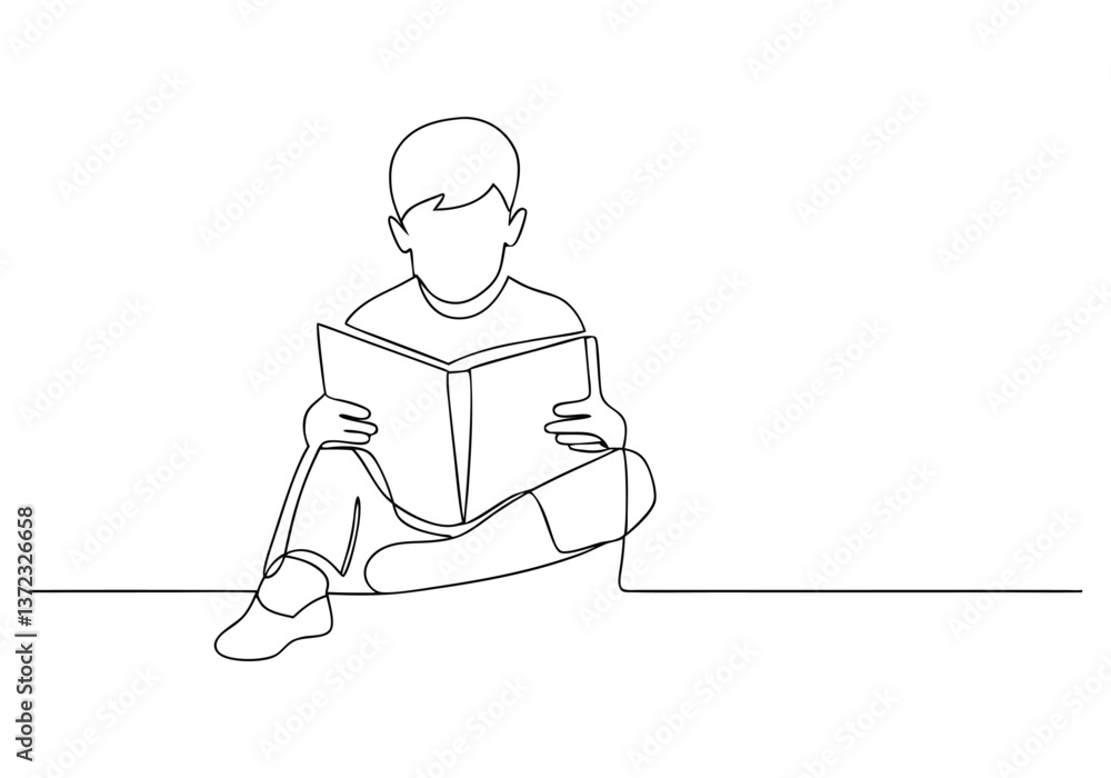 Poster continuous line drawing of a boy sitting on the floor reading a book in a minimalist one-line art st