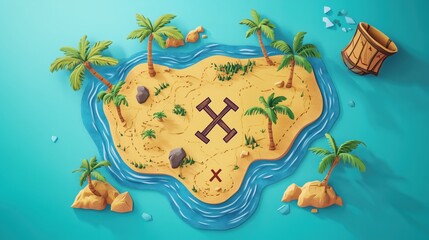 Colorful Cartoon Treasure Hunt Map of Island with Palm Trees