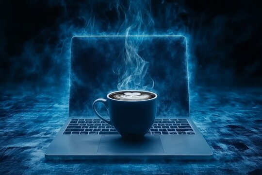 A ghostwriter in a dimly lit workspace, celebrating with a cup of coffee after completing a client book