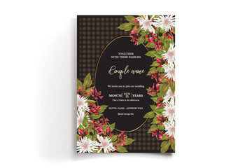 WEDDING INVITATION FRAME WITH FLOWER DECORATIONS AND FRESH LEAVES