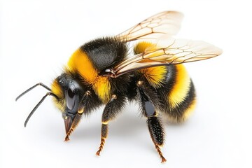 Close up view of a bee pollinating a vibrant sunflower isolate on white background
