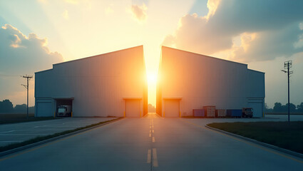 A photo-realistic double exposure of a warehouse silhouette and a budget report, symbolizing budget management in distribution, with ample copy space.