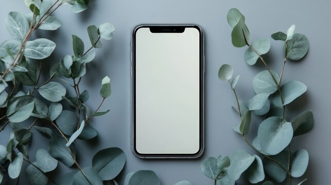 Modern smartphone surrounded by eucalyptus leaves on a muted gray surface