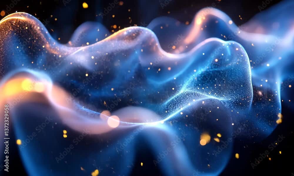 Poster abstract fluid shapes and glowing particles flowing in a mesmerizing motion graphic