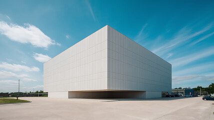 Modern minimalist warehouse facade under a vibrant sky Empty parking lot Architectural design