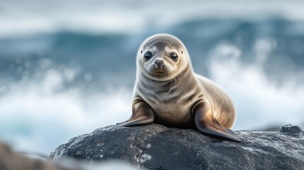Fototapeta premium Cute Baby Seal Resting on Rock by Ocean Waves for Nature Photography