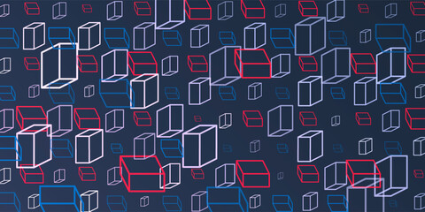 A vibrant abstract pattern of repeating 3D cubes in red, blue and white on a dark blue background. The bold geometric design and contrasting colors create a striking modern visual.