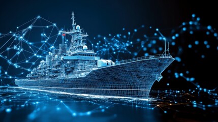 Abstract digital representation of a warship, glowing with blue light, surrounded by a network of interconnected nodes. Dark background, futuristic feel.