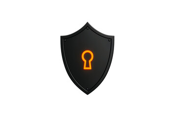 A stylized shield featuring a keyhole symbol illuminated in orange, representing security and protection.