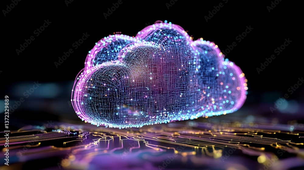 Poster abstract digital cloud composed of glowing particles, floating above a circuit board like surface. p