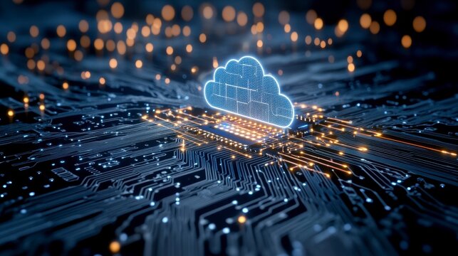 Abstract digital illustration of a glowing cloud symbol on a circuit board, representing cloud computing and data storage. The image features warm and cool tones, with a dark background.