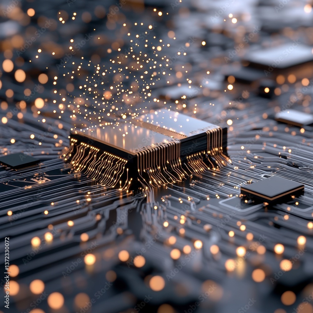 Poster close up view of a computer microchip with glowing particles emanating from it, set against a dark c