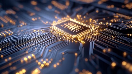 Close up view of a circuit board with a central processor chip glowing with warm light. Dark background, intricate details, technological theme.