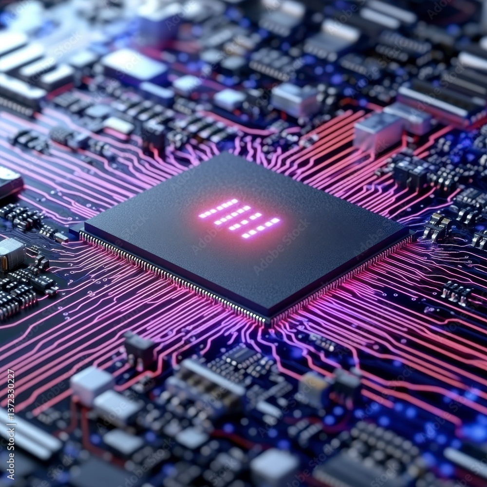 Poster close up view of a circuit board with a central processor chip, glowing pink circuitry, and a dark b