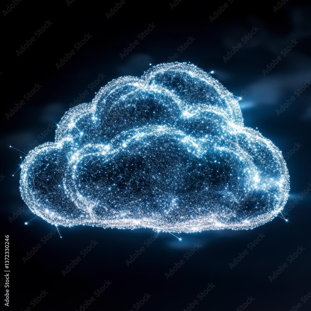 Poster abstract cloud form composed of glowing particles on a dark background. the cloud shape is detailed 