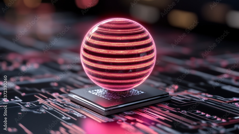 Poster abstract glowing pink sphere with data streams on a dark circuit board. futuristic technology concep