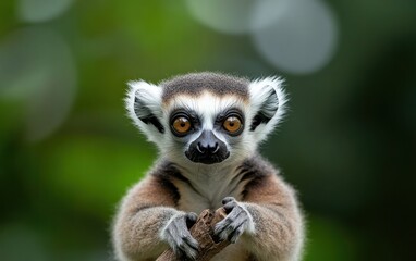 Obraz premium Ring-Tailed Lemur Portrait: Close-Up of a Fluffy Primate with Orange Eyes